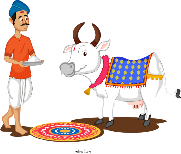Free Holidays Cartoon Bovine Dairy Cow For Pongal Clipart Transparent Background