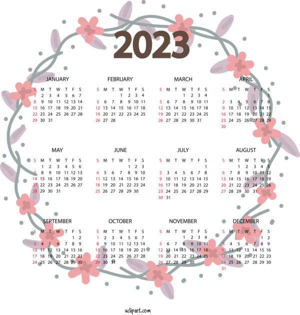 Free Life 2023 NEW YEAR Calendar Wreath For Yearly Calendar Clipart Transparent Background