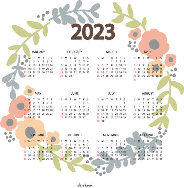 Free Yearly Calendar Calendar Wreath Flower For 2023 Yearly Calendar Clipart Transparent Background