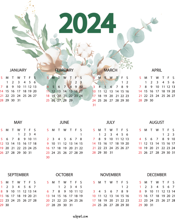 Free Yearly Calendar Calendar 2024 Names Of The Days Of The Week For 2024 Yearly Calendar Clipart Transparent Background