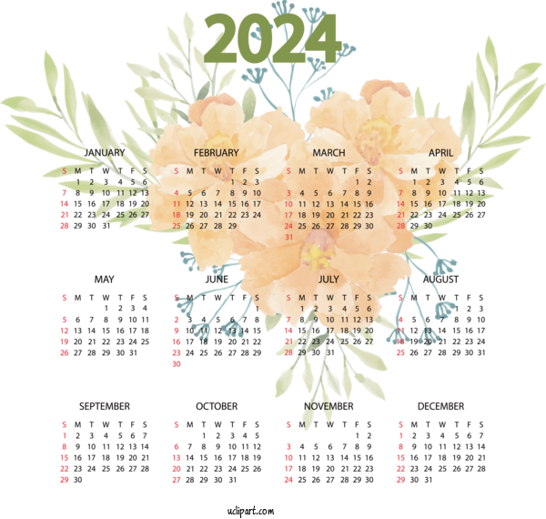 Free Yearly Calendar Calendar Names Of The Days Of The Week Common Year For 2024 Yearly Calendar Clipart Transparent Background