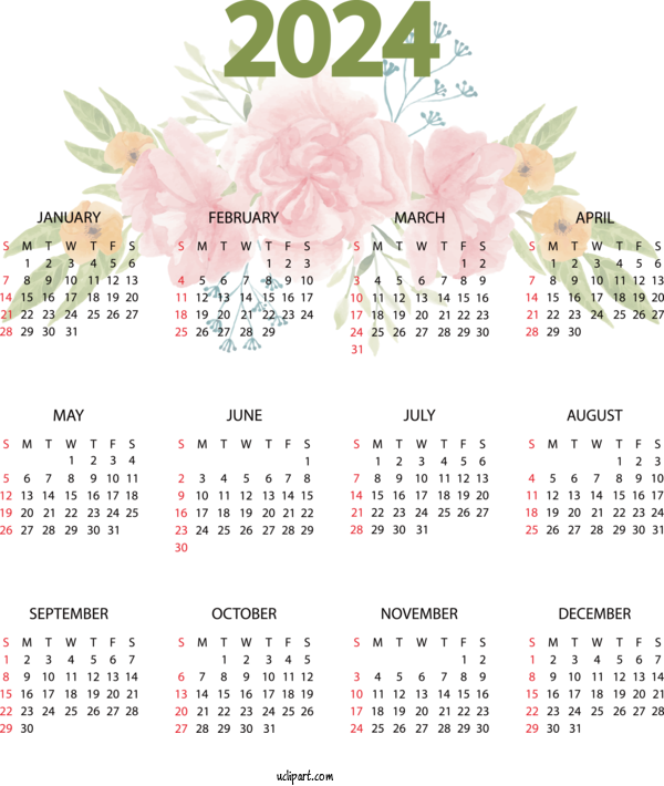 Free Yearly Calendar Floral Design Calendar Design For 2024 Yearly Calendar Clipart Transparent Background
