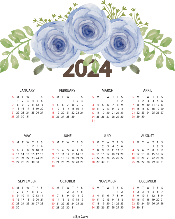 Free Yearly Calendar Flower Calendar Font For 2024 Yearly Calendar Clipart Transparent Background