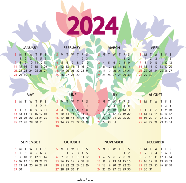Free Yearly Calendar Flower Calendar Line For 2024 Yearly Calendar Clipart Transparent Background