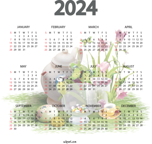 Free Holidays Calendar Design Flower For New Year 2024 Clipart Transparent Background