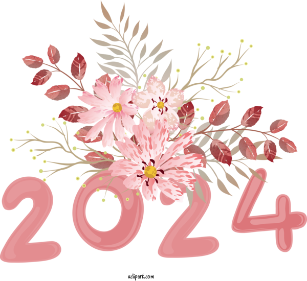 Free 2024 New Year Flower Floral Design Watercolor Painting For New Year 2024 Clipart Transparent Background