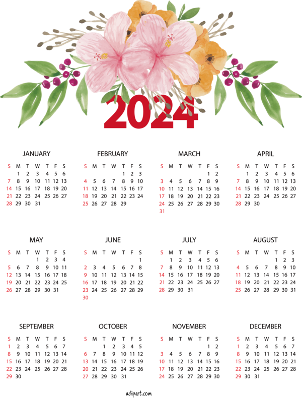 Free 2024 Yearly Calendar Floral Design Watercolor Painting Flower Bouquet For 2024 Yearly Printable Calendar Clipart Transparent Background