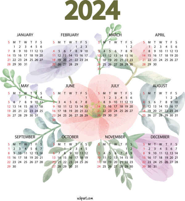 Free 2024 Yearly Calendar Calendar Drawing Flower For 2024 Yearly Printable Calendar Clipart Transparent Background