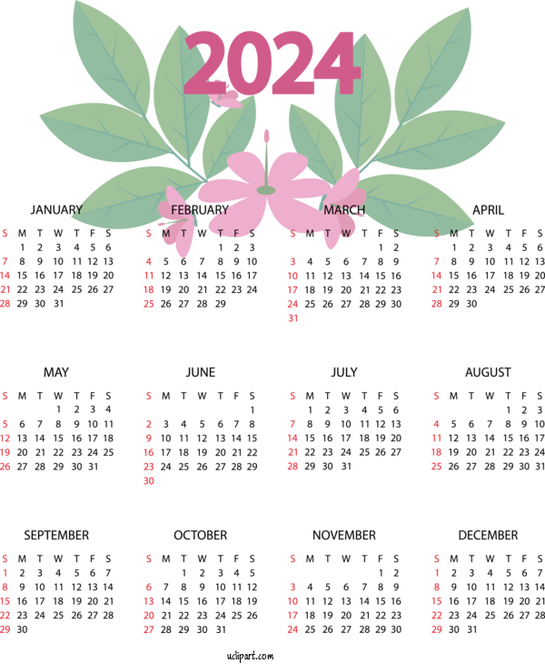 Free 2024 Calendar Calendar Font Plant For 2024 Yearly Calendar Clipart Transparent Background