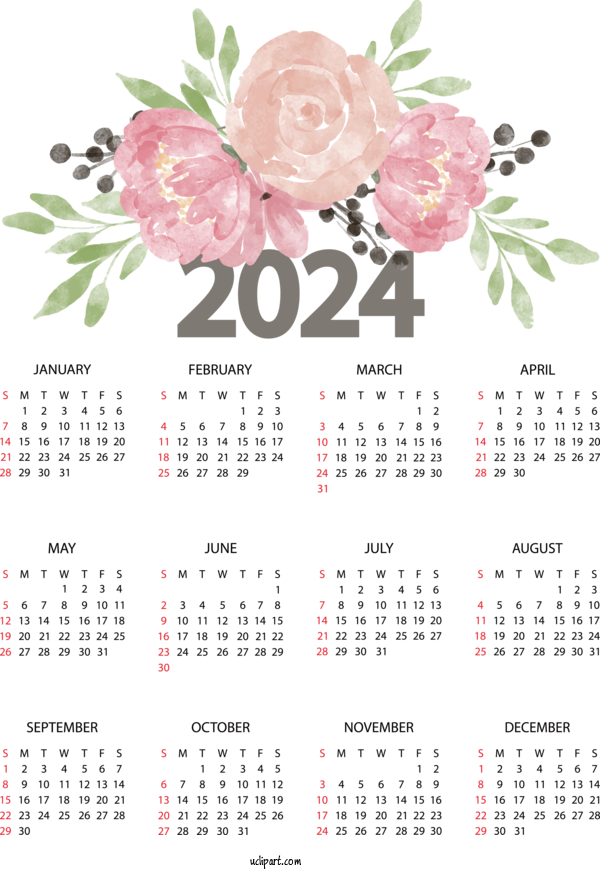 Free 2024 Calendar Floral Design Calendar Design For 2024 Yearly Calendar Clipart Transparent Background
