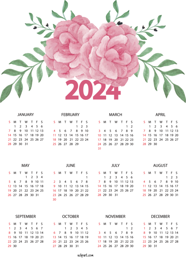 Free 2024 Calendar Flower Floral Design Calendar For 2024 Yearly Calendar Clipart Transparent Background