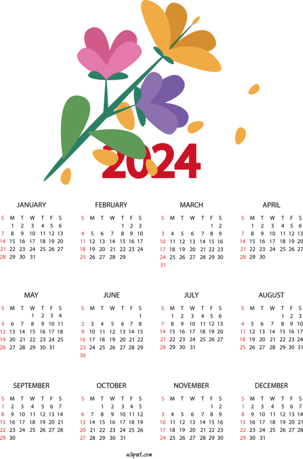 Free 2024 Calendar Calendar Floral Design Month For 2024 Yearly Calendar Clipart Transparent Background