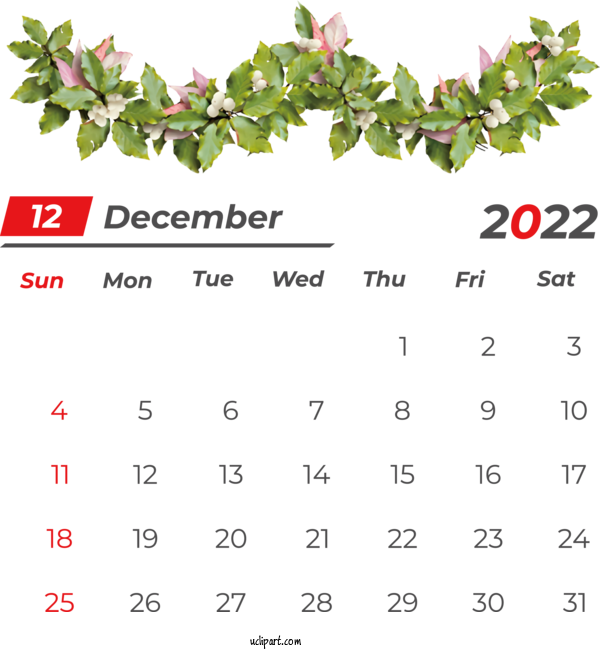 Free Holidays Calendar Christmas 2022 For December 2022 Calendar Clipart Transparent Background