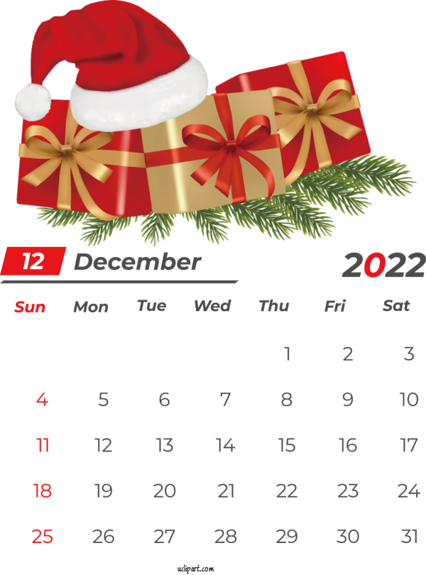 Free Holidays Christmas New Year 2022 For December 2022 Calendar Clipart Transparent Background