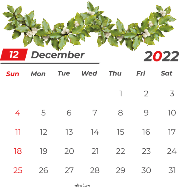 Free Holidays Christmas Calendar New Year For December 2022 Calendar Clipart Transparent Background