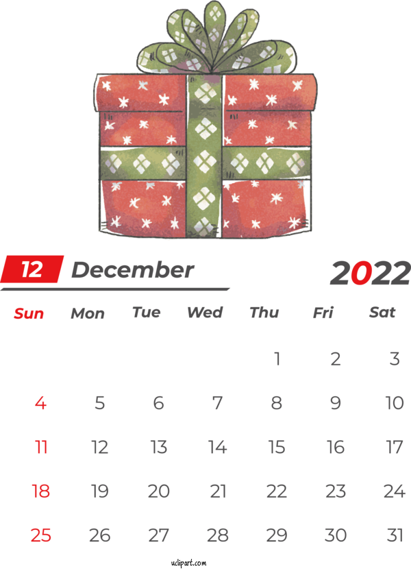 Free Holidays Christmas Gift Design For December 2022 Calendar Clipart Transparent Background