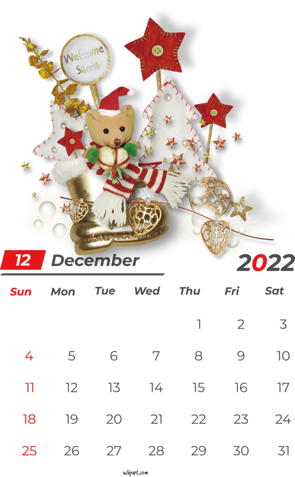 Free Holidays New Year Christmas 2022 For December 2022 Calendar Clipart Transparent Background