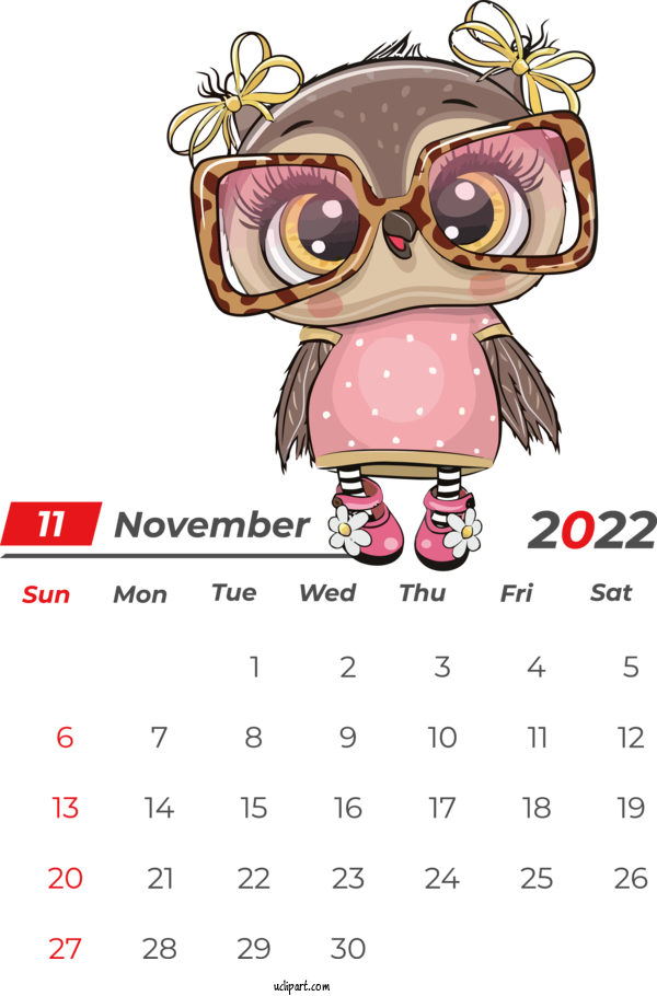 Free Holidays Owls Birds Glasses For November 2022 Calendar Clipart Transparent Background