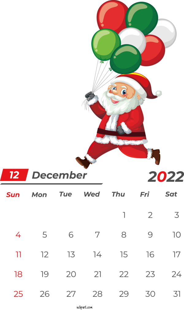 Free Holidays Christmas Santa Claus New Year For December 2022 Calendar Clipart Transparent Background