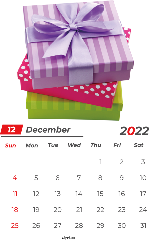 Free Holidays Gift Christmas New Year For December 2022 Calendar Clipart Transparent Background