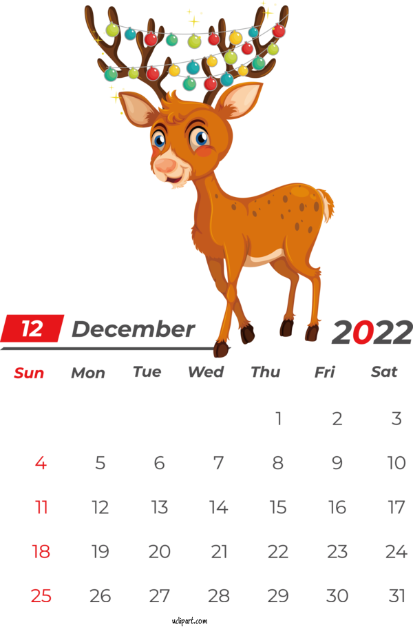 Free Holidays Deer Rudolph Reindeer For December 2022 Calendar Clipart Transparent Background