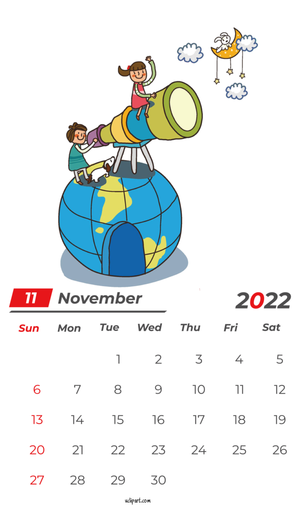Free Holidays Cartoon Children's Day Comics For November 2022 Calendar Clipart Transparent Background