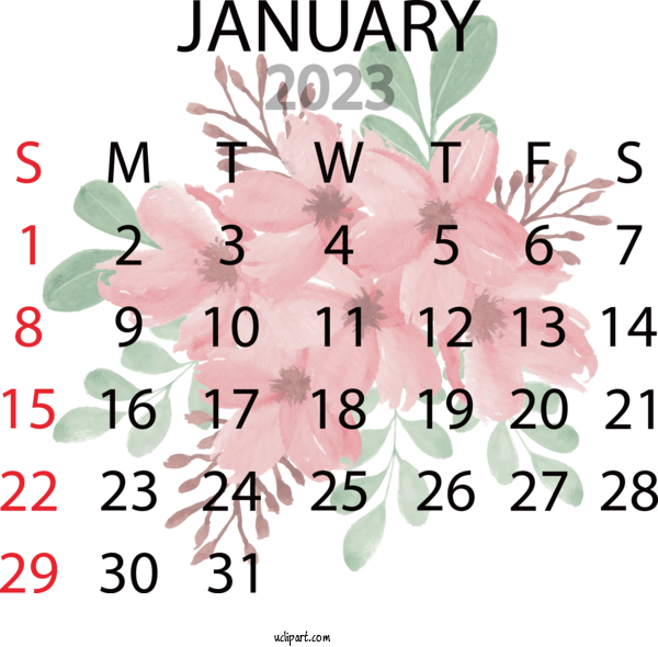 Free Holidays Floral Design Leaf Design For 2023 January Calendar Clipart Transparent Background