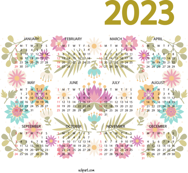 Free 2023 Calendar Design Floral Design Line For 2023 Printable Yearly Calendar Clipart Transparent Background