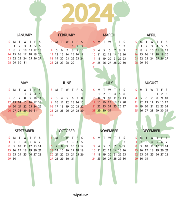 Free 2024 Calendar Flower Design Calendar For 2024 Yearly Calendar Clipart Transparent Background