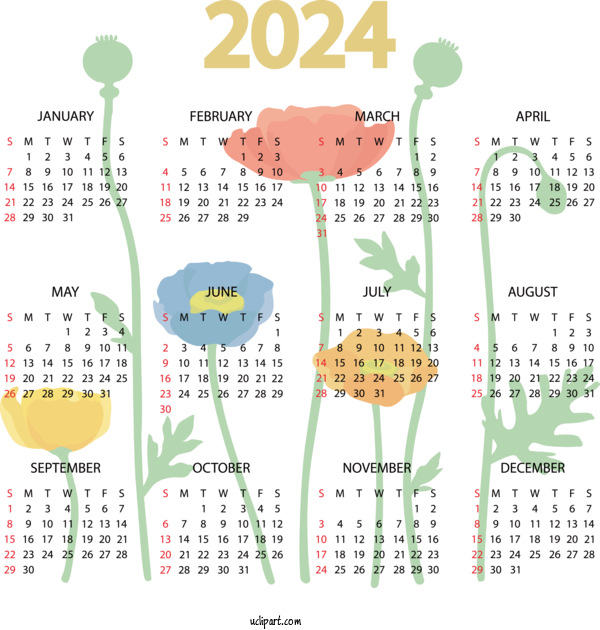 Free 2024 Calendar Flower Calendar Design For 2024 Yearly Calendar Clipart Transparent Background