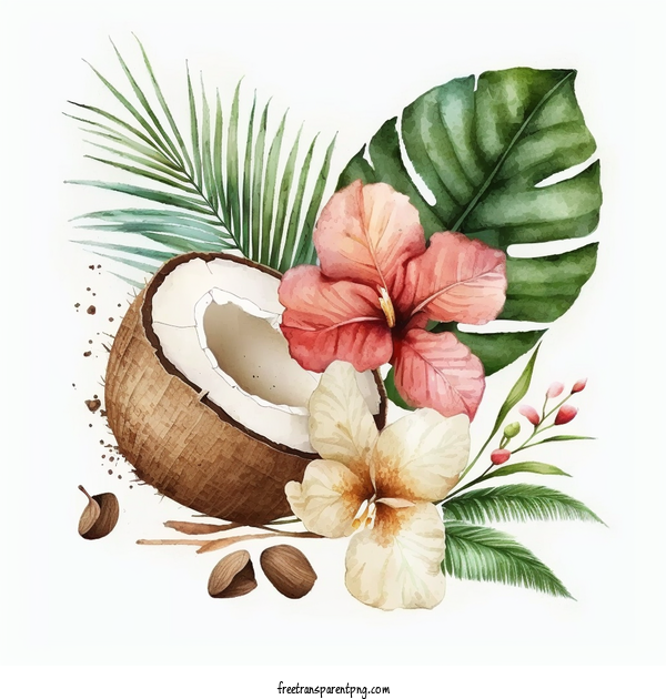 Free Watercolor A Half Coconut With Shell Hibiscus Palm Leaf Watercolor Coconut Half Coconut Shell For Watercolor Coconut Clipart Transparent Background
