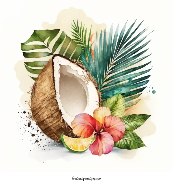 Free Watercolor A Half Coconut With Shell Hibiscus Palm Leaf Watercolor Coconut Half Coconut Shell For Watercolor Coconut Clipart Transparent Background