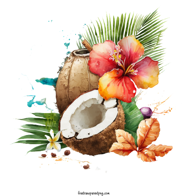 Free Watercolor Fresh Whole And A Half Coconut Starfish Hibiscus Watercolor Coconut Half Coconut Starfish For Coconut Clipart Transparent Background