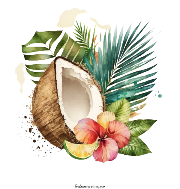 Free Watercolor A Half Coconut With Hibiscus Palm Leaf Watercolor Coconut Half Coconut Hibiscus For Coconut Clipart Transparent Background