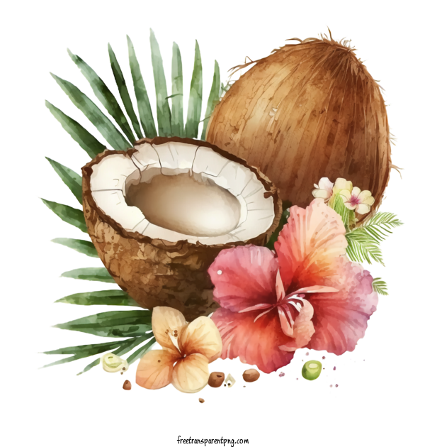 Free Watercolor A Half Coconut With Hibiscus Palm Leaf Watercolor Coconut Half Coconut Hibiscus For Coconut Clipart Transparent Background