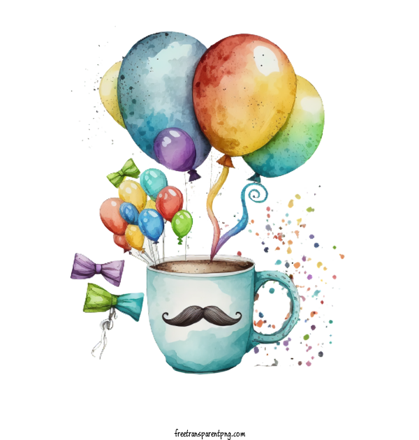 Free Watercolor Coffee Cup With Mustache Balloons Watercolor Coffee Cup Watercolor Mustache Fathers Day For Fathers Day Clipart Transparent Background