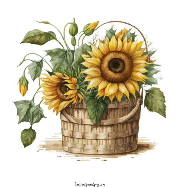 Free Watercolor Sunflower In Basket Rustic Country Watercolor Sunflower Sunflower Basket For Watercolor Sunflower Clipart Transparent Background