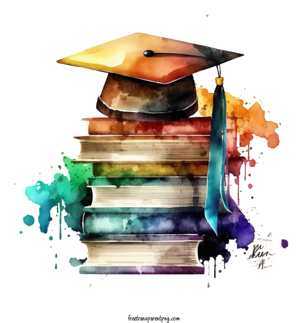 Free Watercolor Graduation Cap On Book Stack With Diploma Watercolor Graduation Cap Watercolor Stack Of Books For Graduation Cap Clipart Transparent Background