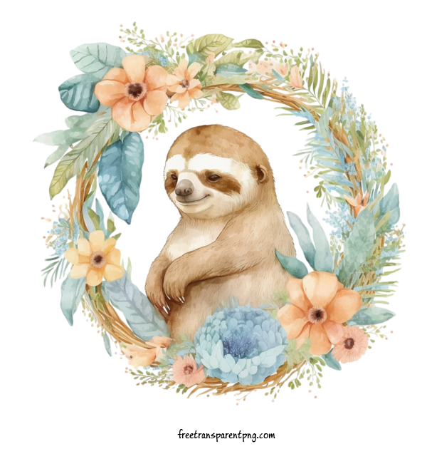 Free Animals Sloth Sloth Floral Wreath For Sloth Clipart Transparent Background