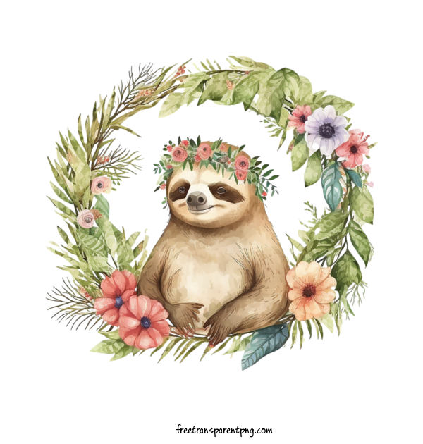 Free Animals Sloth Bear Floral Wreath For Sloth Clipart Transparent Background