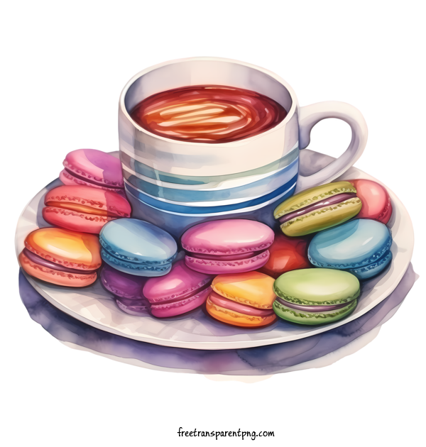 Free Macaroon Macaroon Cup Of Coffee Plate Of Macarons For Macaroon Clipart Transparent Background